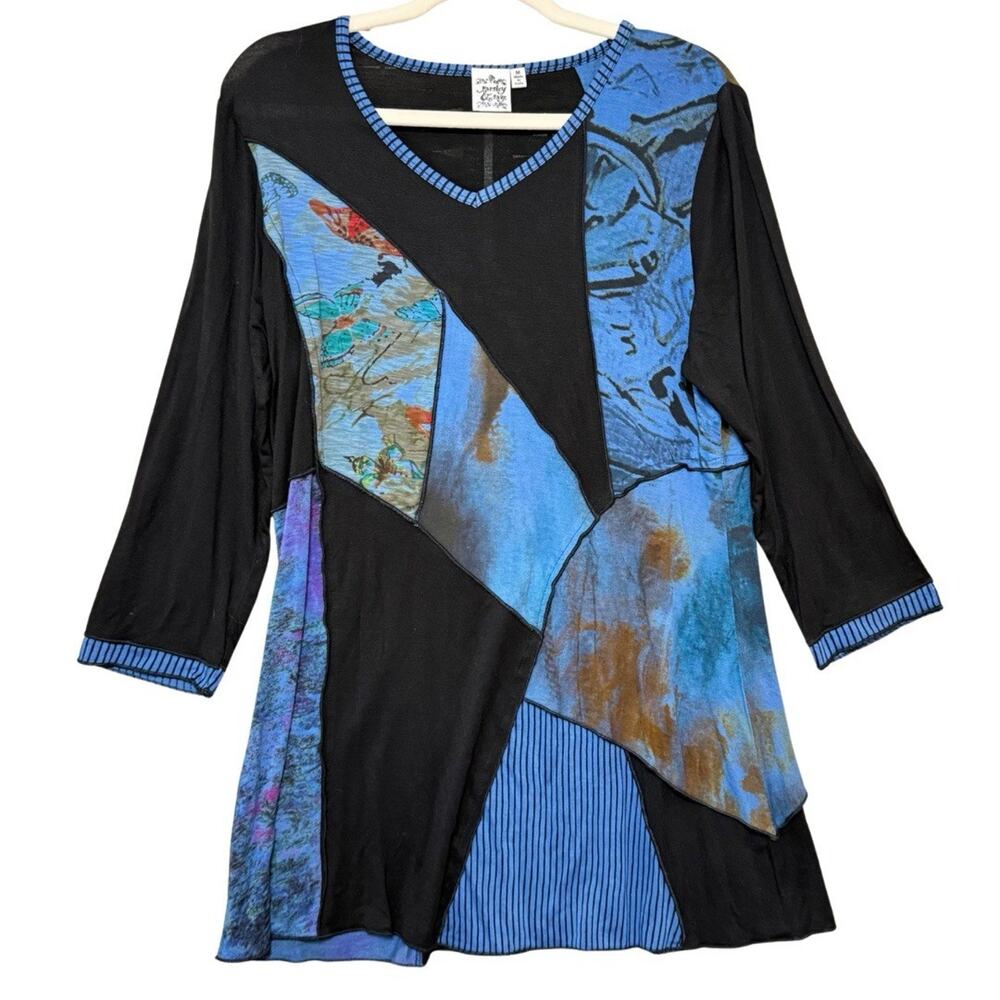 Parsley & Sage 3/4 Sleeve Knit Tunic Women’s M Blue Multi Media Patchwork Tee - Picture 1 of 8